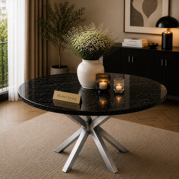 Ronde Zwarte Travertin Eettafel 130 cm Zilveren X-poot - Dina