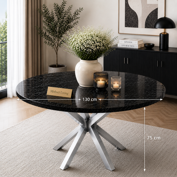 Ronde Zwarte Travertin Eettafel 130 cm Zilveren X-poot - Dina