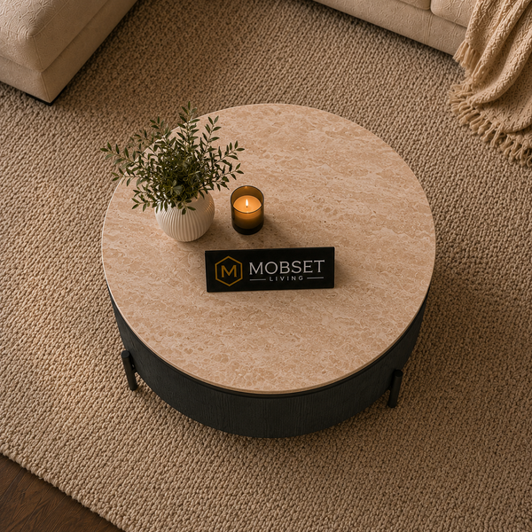 Ronde Japandi salontafel – Zwarte afwerking met travertin blad