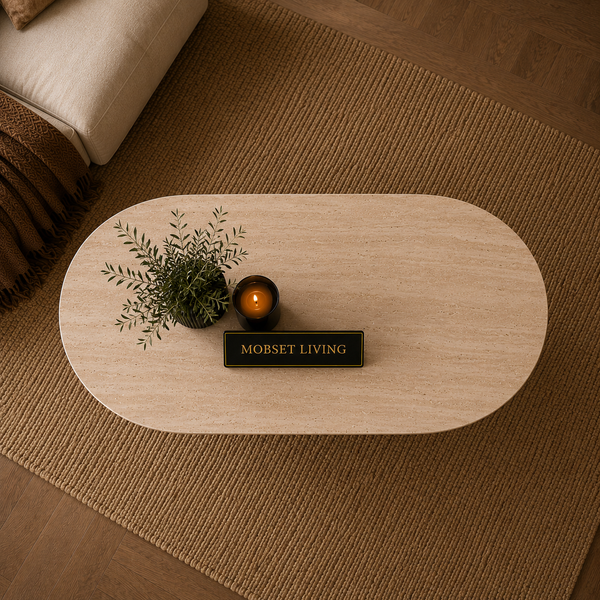 Ovale Japandi salontafel – Travertin blad & zwarte afwerking