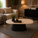 Ovale Japandi salontafel – Travertin blad & zwarte afwerking
