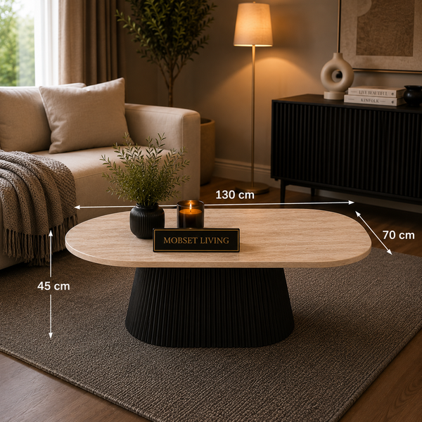 Ovale Japandi salontafel – Travertin blad & zwarte afwerking