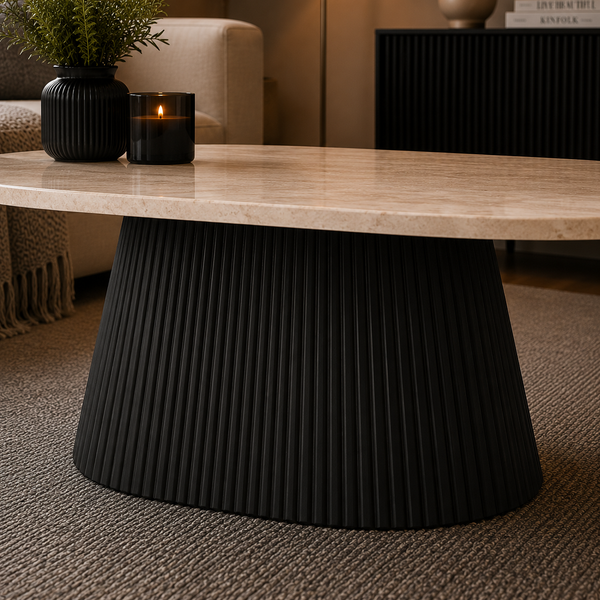 Ovale Japandi salontafel – Travertin blad & zwarte afwerking