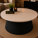 Ronde Japandi salontafel – Travertin blad & zwarte afwerking