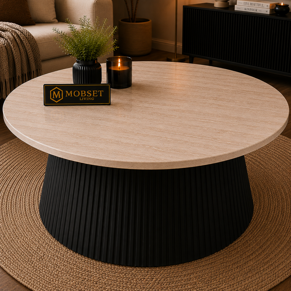 Ronde Japandi salontafel – Travertin blad & zwarte afwerking