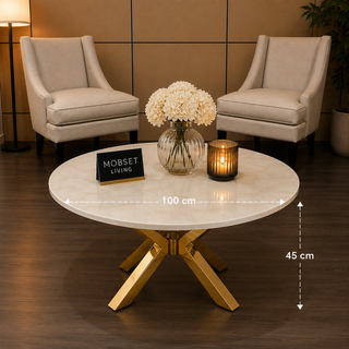 Travertin Salontafel Rond X Poten Goud Met Witte tafelblad- Elena