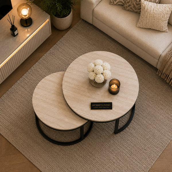Salontafels Beige Blad Travertin Zwarte Poten Stella