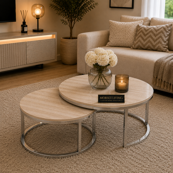 Salontafels Beige Blad Travertin Zilver Poten Stella