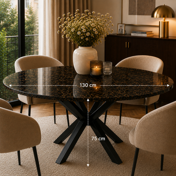 Ronde Bruine Travertin Eettafel 130 cm Zwarte X-poot - Luna