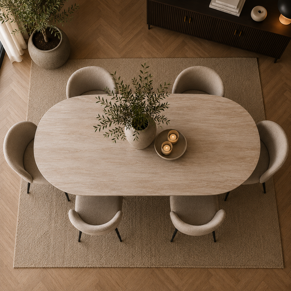 Eettafel Ovaal Zwart Travertin Japandi  180cm - Mella