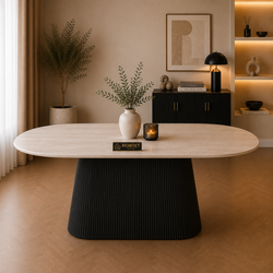 Eettafel Ovaal Zwart Travertin Japandi  180cm - Mella