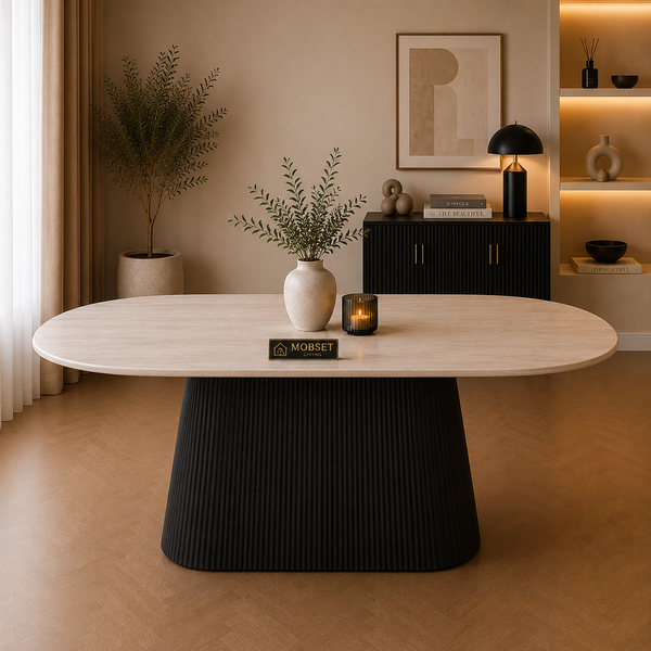 Eettafel Ovaal Zwart Travertin Japandi  180cm - Mella