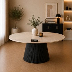 Eettafel Rond Zwart Travertin Japandi 130cm - Mella