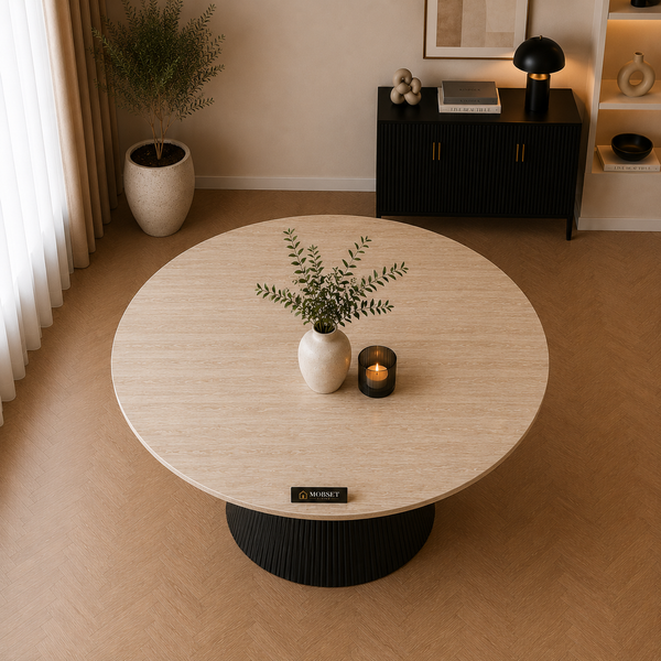 Eettafel Rond Zwart Travertin Japandi 130cm - Mella