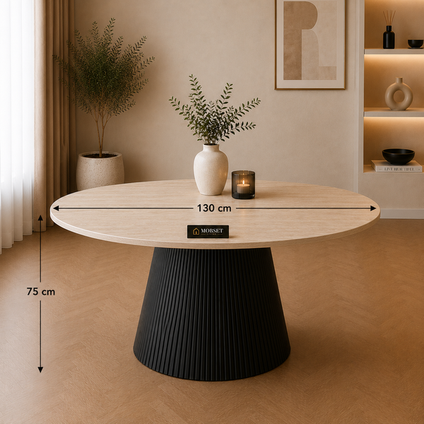 Eettafel Rond Zwart Travertin Japandi 130cm - Mella