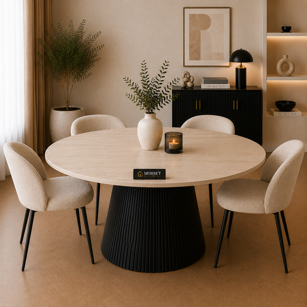 Eettafel Rond Zwart Travertin Japandi 130cm - Mella