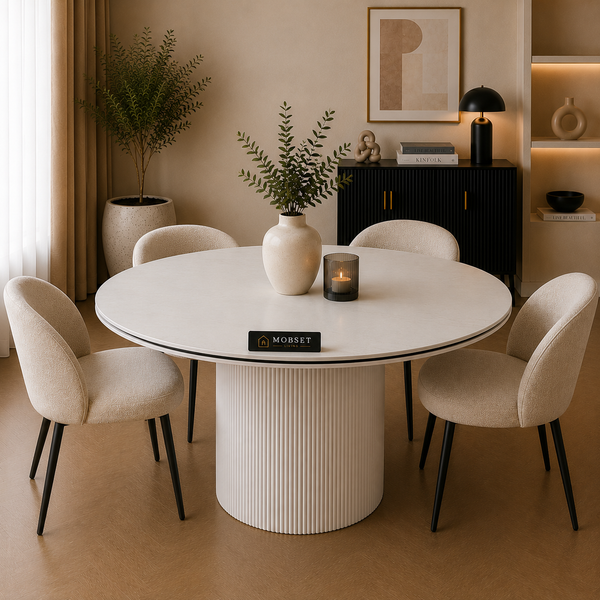 Ronde Keramiek Eettafel 130 cm Volledig Wit met Zwarte Randafwerking