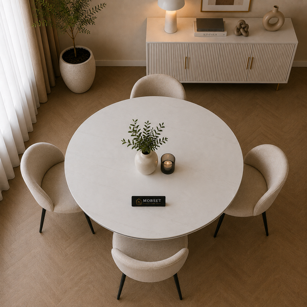 Ronde Keramiek Eettafel 130 cm Volledig Wit met Zwarte Randafwerking