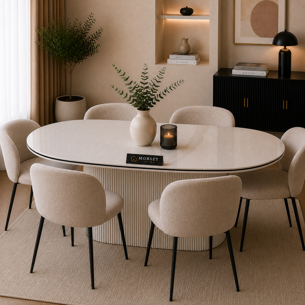 Ovale Keramiek Eettafel 180 x 90 cm Wit met Zwarte Randafwerking