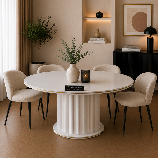 Ronde Keramiek Eettafel 130 cm Wit met Gouden Randafwerking