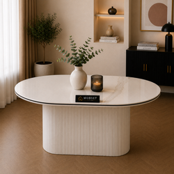 Ovale Keramiek Eettafel 180 x 90 cm Wit met Zwarte Randafwerking