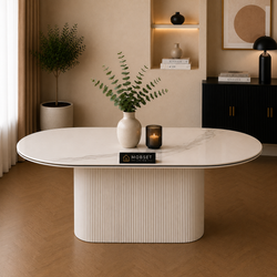 Keramiek Ovale Eettafel 180 x 90 cm – Wit met Gouden Randafwerking