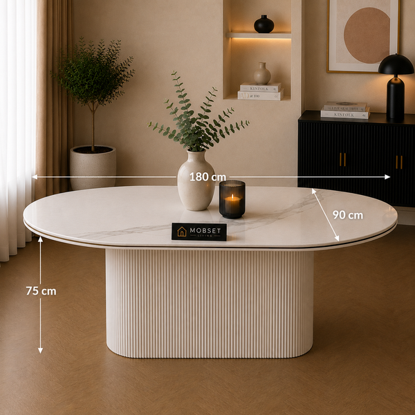Keramiek Ovale Eettafel 180 x 90 cm – Wit met Gouden Randafwerking