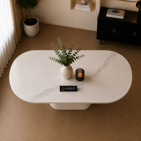 Keramiek Ovale Eettafel 180 x 90 cm – Wit met Gouden Randafwerking