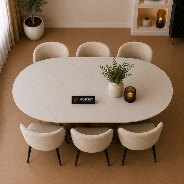 Keramiek Ovale Eettafel 180 x 110 cm – Wit Blad