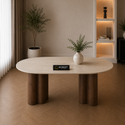 Ovale Japandi Travertijn Eettafel 180 x 90 cm – Beige met Bruine Poot
