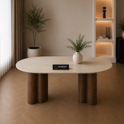 Ovale Japandi Travertijn Eettafel 180 x 90 cm – Beige met Bruine Poot