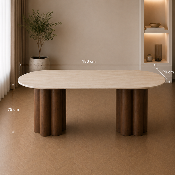 Ovale Japandi Travertijn Eettafel 180 x 90 cm – Beige met Bruine Poot