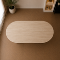 Ovale Japandi Travertijn Eettafel 180 x 90 cm – Beige met Bruine Poot