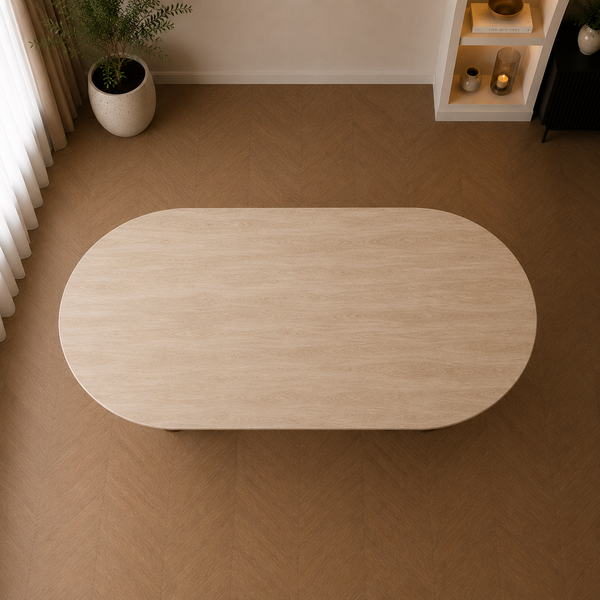 Ovale Japandi Travertijn Eettafel 180 x 90 cm – Beige met Bruine Poot
