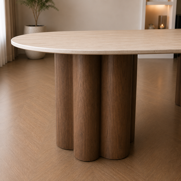Ovale Japandi Travertijn Eettafel 180 x 90 cm – Beige met Bruine Poot