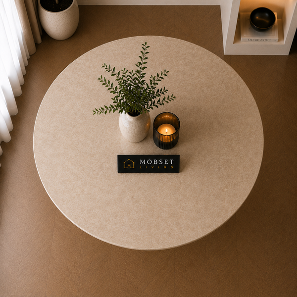 Ronde Travertin Eettafel 130 cm – Beige met Bruine Poot