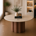 Ronde Travertin Eettafel 130 cm – Beige met Bruine Poot
