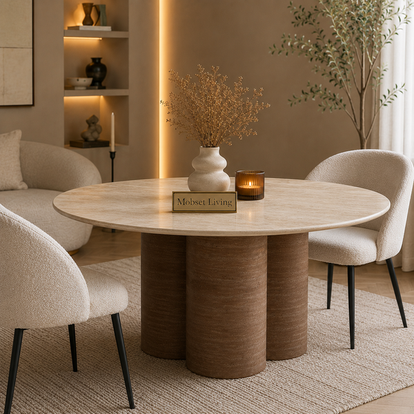 Ronde Travertin Eettafel 130 cm – Beige met Bruine Poot