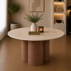 Ronde Travertin Eettafel 130 cm – Beige met Bruine Poot
