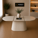 Ovale uitschuifbare Japandi eettafel – beige mangohout (160–200 cm)
