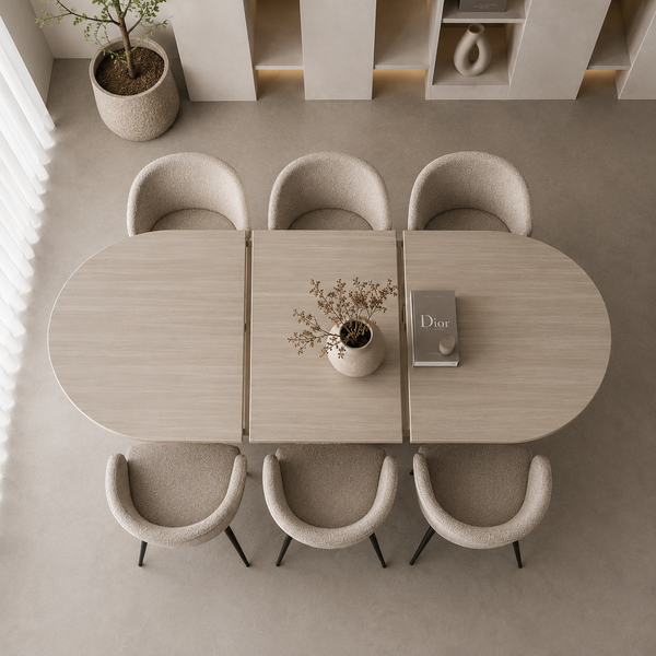 Ovale uitschuifbare Japandi eettafel – beige mangohout (160–200 cm)