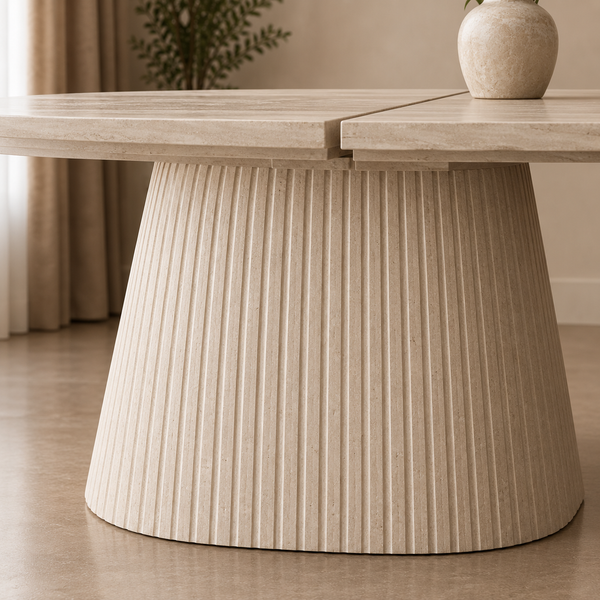 Ovale uitschuifbare Japandi eettafel – beige mangohout (160–200 cm)