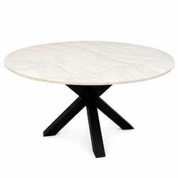 Eettafel Travertin Rond Crème – Luxe Tafel met Zwarte Poten -130cm