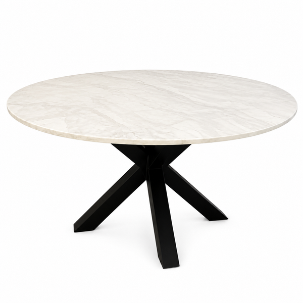 Eettafel Travertin Rond Crème – Luxe Tafel met Zwarte Poten -130cm