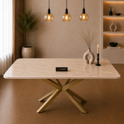 Rechthoekige Travertin Eettafel 170x90 cm Crème - Goud X-poot - Yara