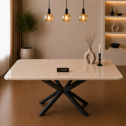 Rechthoekige Travertin Eettafel 170x90 cm Crème - Zwarte X-poot - Yara