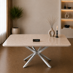 Rechthoekige Travertin Eettafel 170x90 cm Crème - Zilver X-poot - Yara