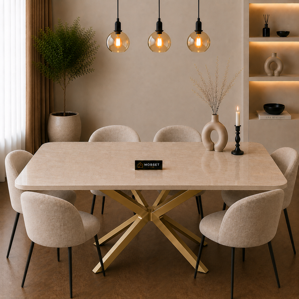 Rechthoekige Travertin Eettafel 170x90 cm Crème - Goud X-poot - Yara