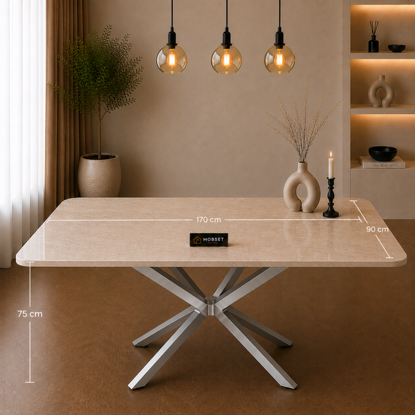 Rechthoekige Travertin Eettafel 170x90 cm Crème - Zilver X-poot - Yara