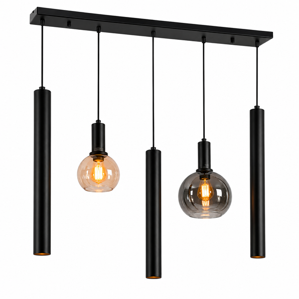 Industriële Hanglamp voor Eettafel – Smoke & Amber Glas – 5-Lichts – Dimbaar